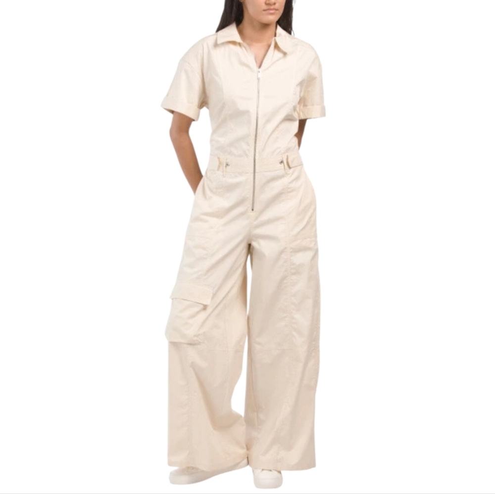 Zara Cotton Zip-Up Cargo Jumpsuit in Cream Color Size XS